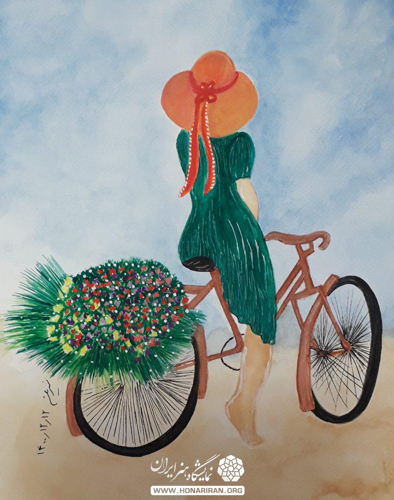 نقاشی آبرنگ دختر دوچرخه سوار