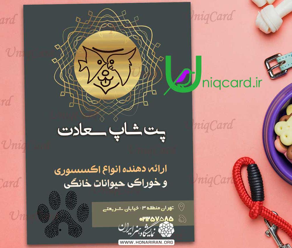 تراکت لایه باز پت شاپ یا طرح سگ و طوطی و رنگ طوسی و طلایی