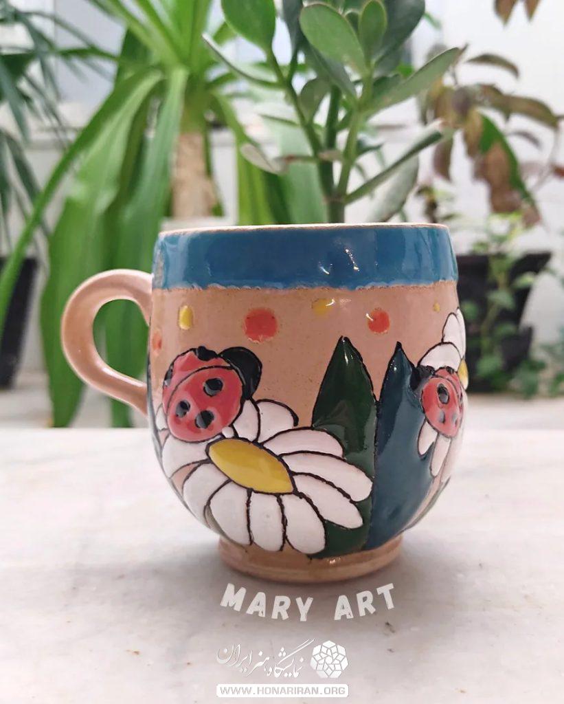 ماگ میناکاری سفال گل بابونه و سنجاقک