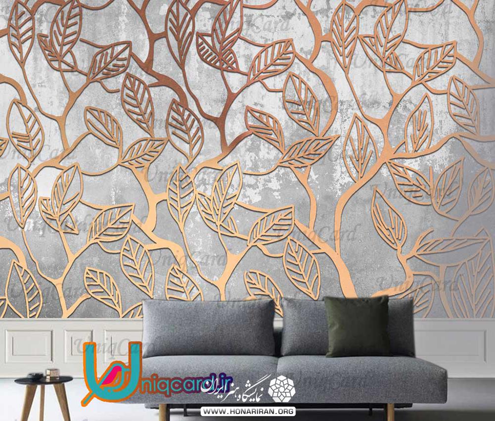 کاغذدیواری سه بعدی کاغذ دیواری با طرح برگ طلایی روی دیوار خاکستری
