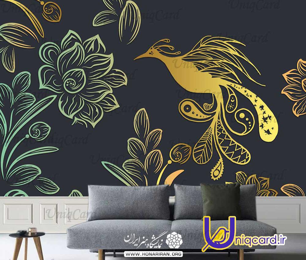 کاغذدیواری سه بعدی کاغذ دیواری با طرح گل و پرنده طلایی رنگ با زمینه سورمه ای