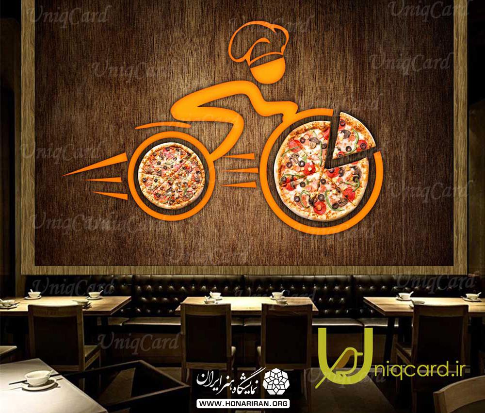 پوستر دیواری فست فود با طرح دوچرخه سوار پیتزایی