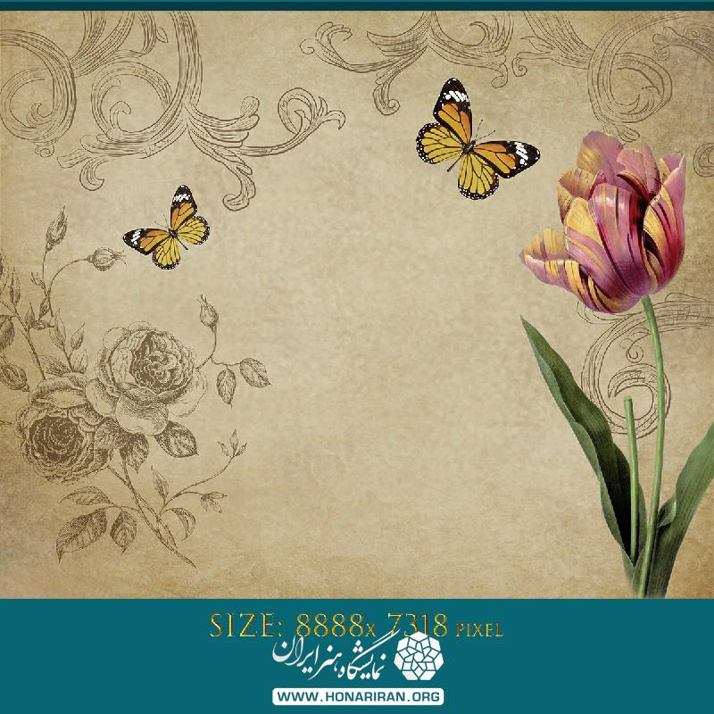 کاغذ دیواری گل لاله و پروانه