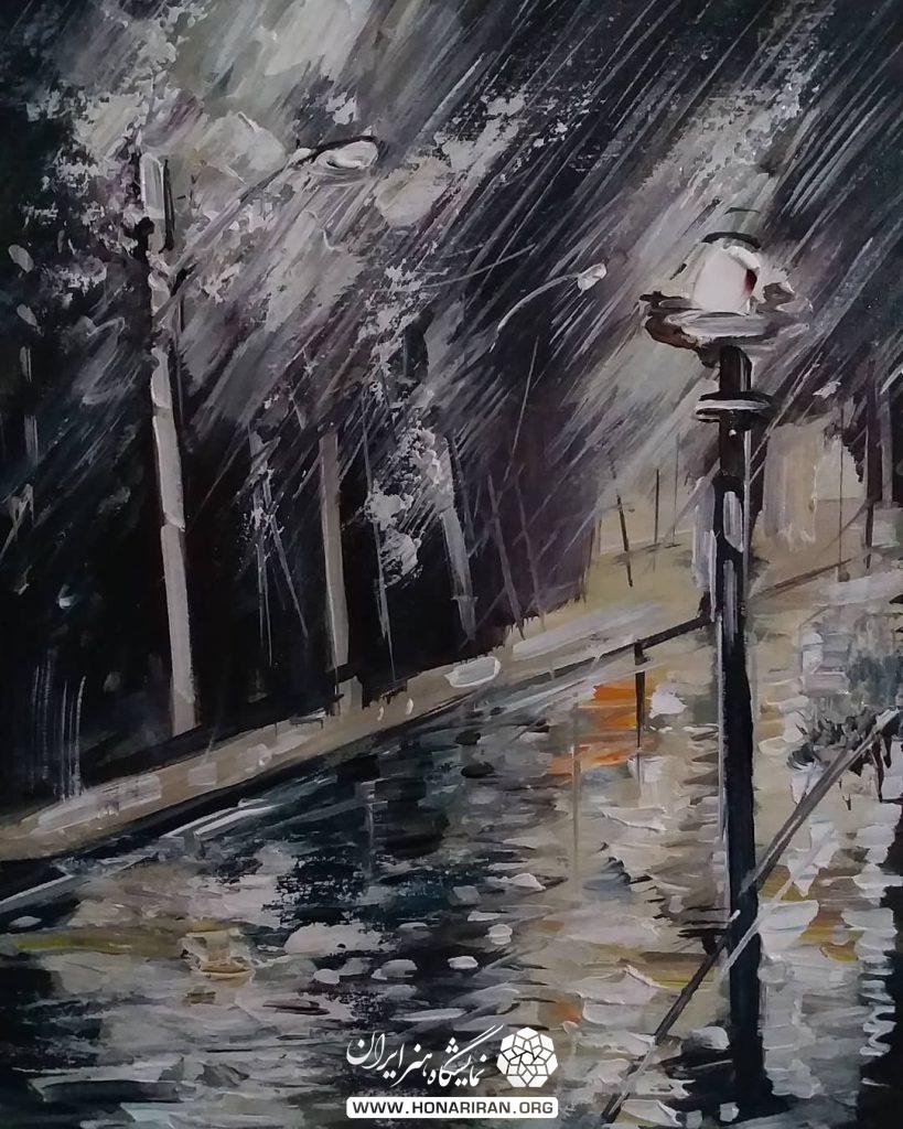 تابلو نقاشی پیاده‌رو بارانی