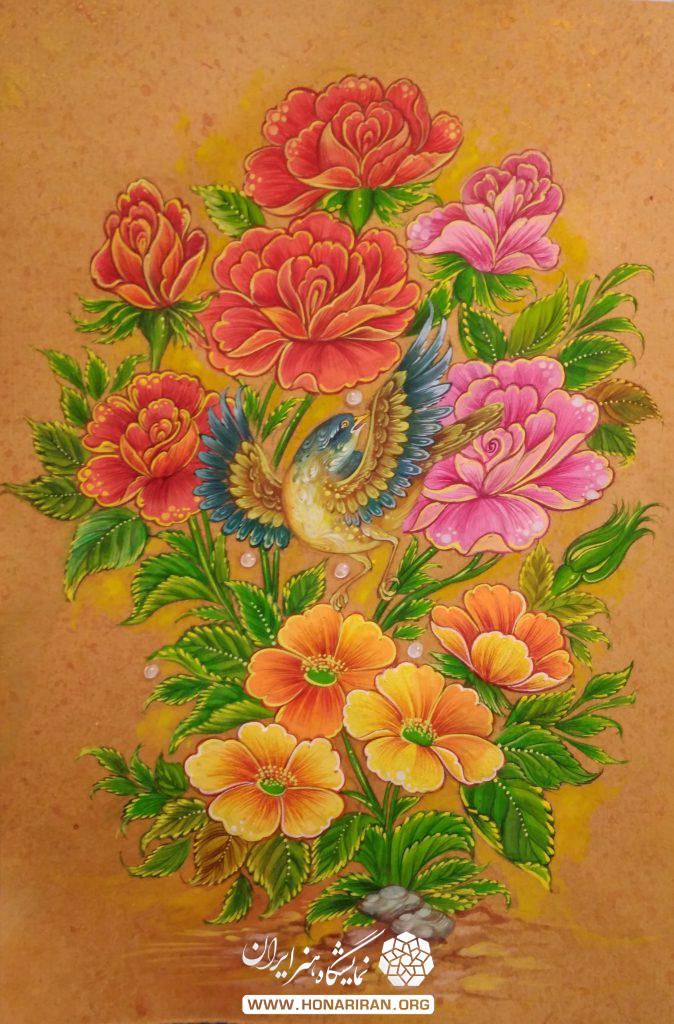 تابلو نقاشی گل و مرغ با قاب خاتم