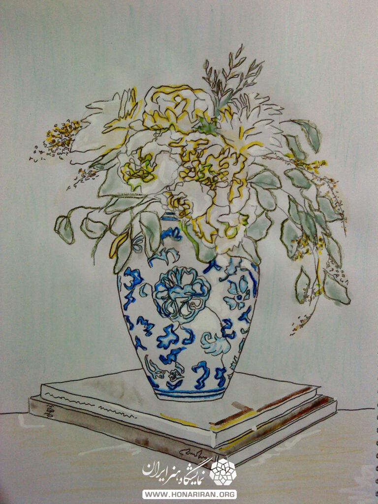 نقاشی گلدان گل های زرد
