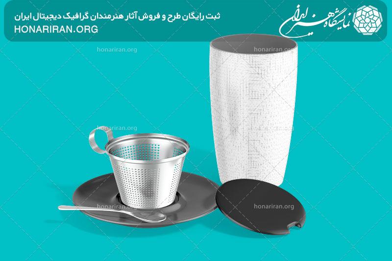 موکاپ ماگ در کنار فنجان قهوه از جنس فلز