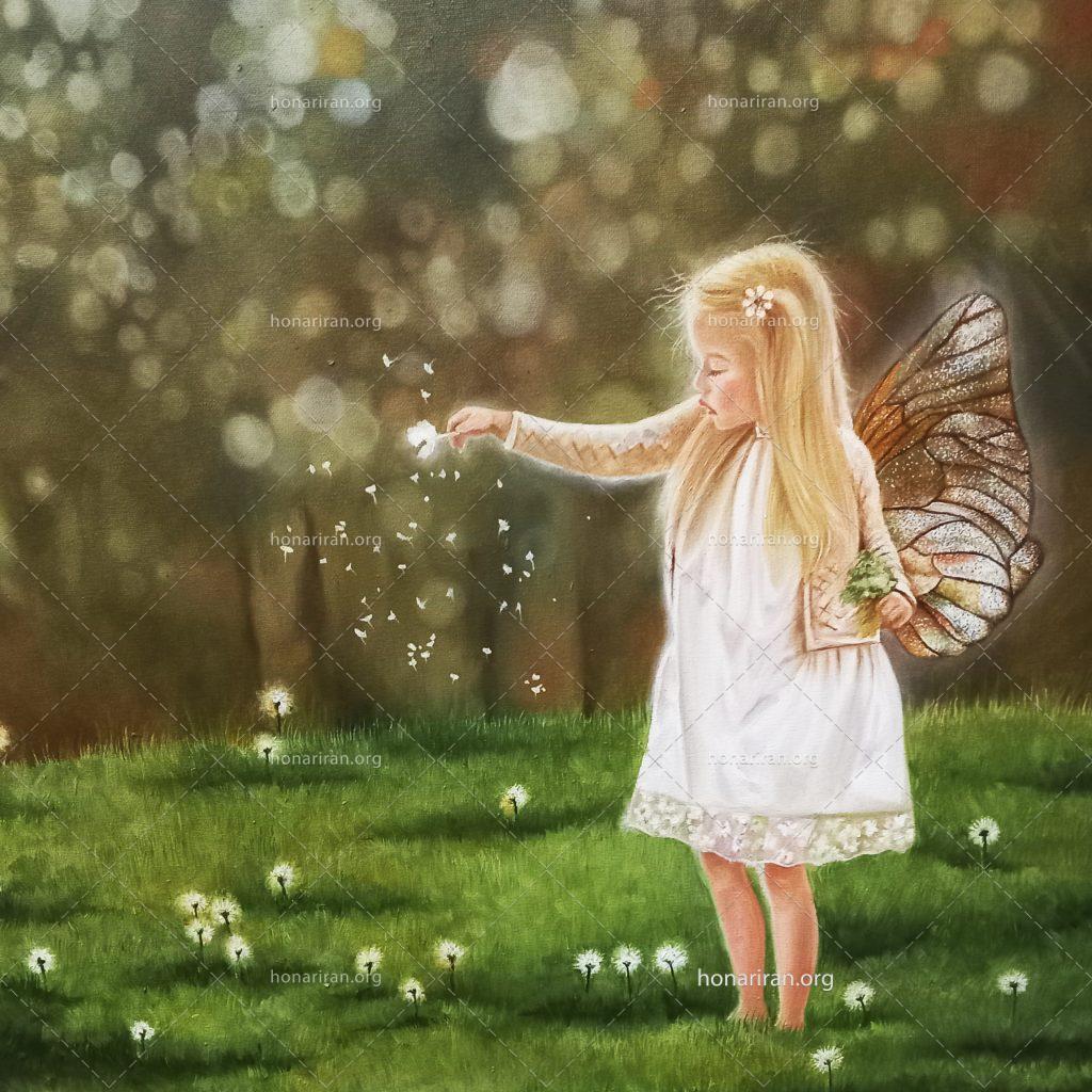 تابلو نقاشی رنگ روغن اورجینال”فرشته و قاصدک”