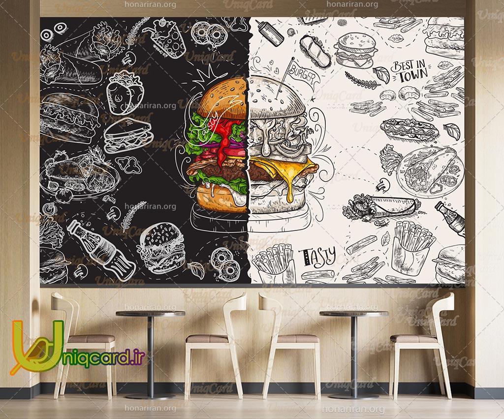 طرح لایه باز کاغذدیواری سه بعدی فست فود با طرح همبرگر و انواع جانک فود