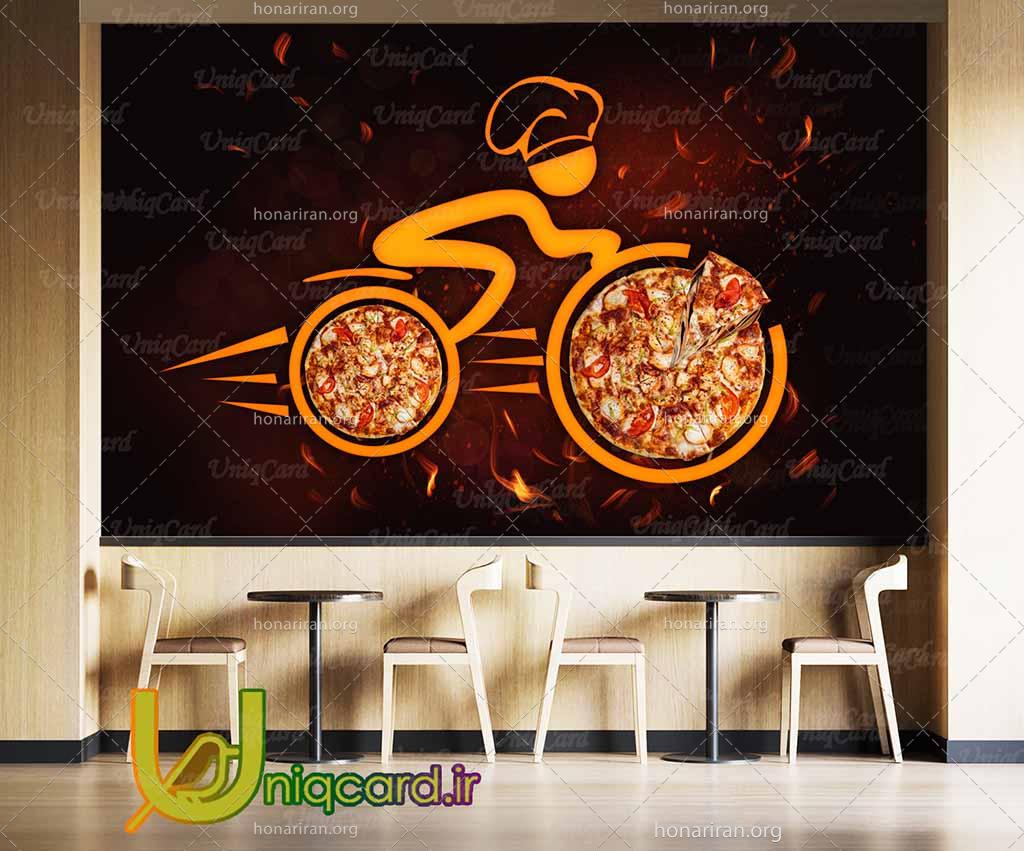 پوستر دیواری فست فود با طرح دوچرخه سوار پیتزایی