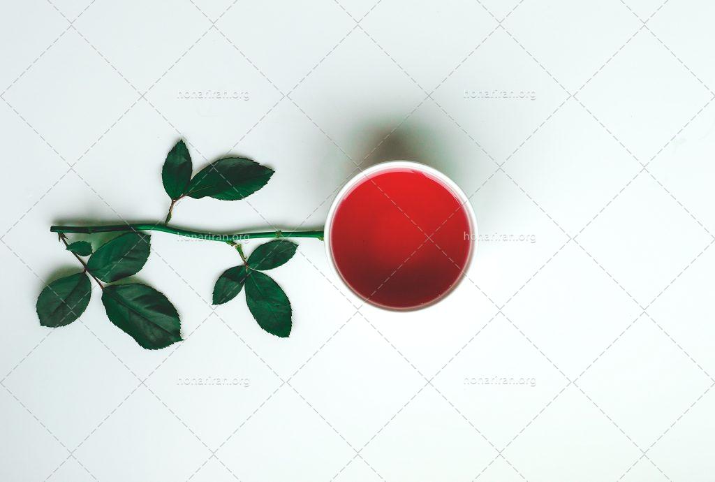 عکس با کیفیت ساقه و شاخه گل رز در کنار لیوان با رنگ قرمز
