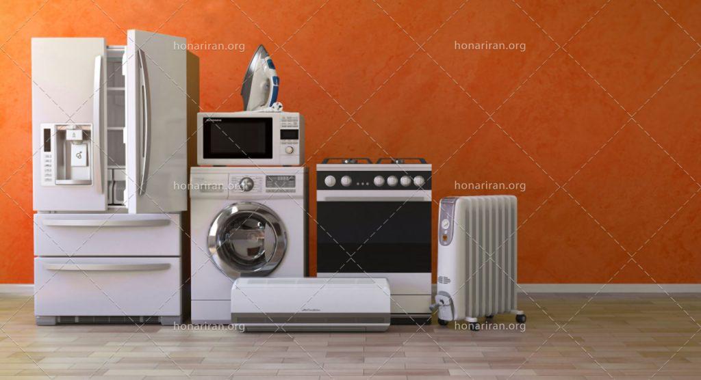 عکس با کیفیت اتو و گاز و یخچال و لباسشویی در کنار یکدیگر