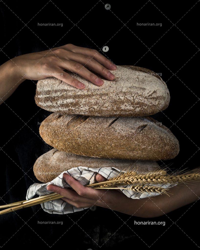 عکس با کیفیت قرص نان و خوشه های گندم در دست مرد
