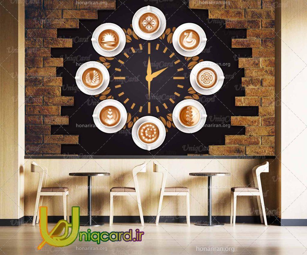 کاغذدیواری سه بعدی کافی شاپ با طرح ساعت با فنجان های قهوه  روی دیوار آجری