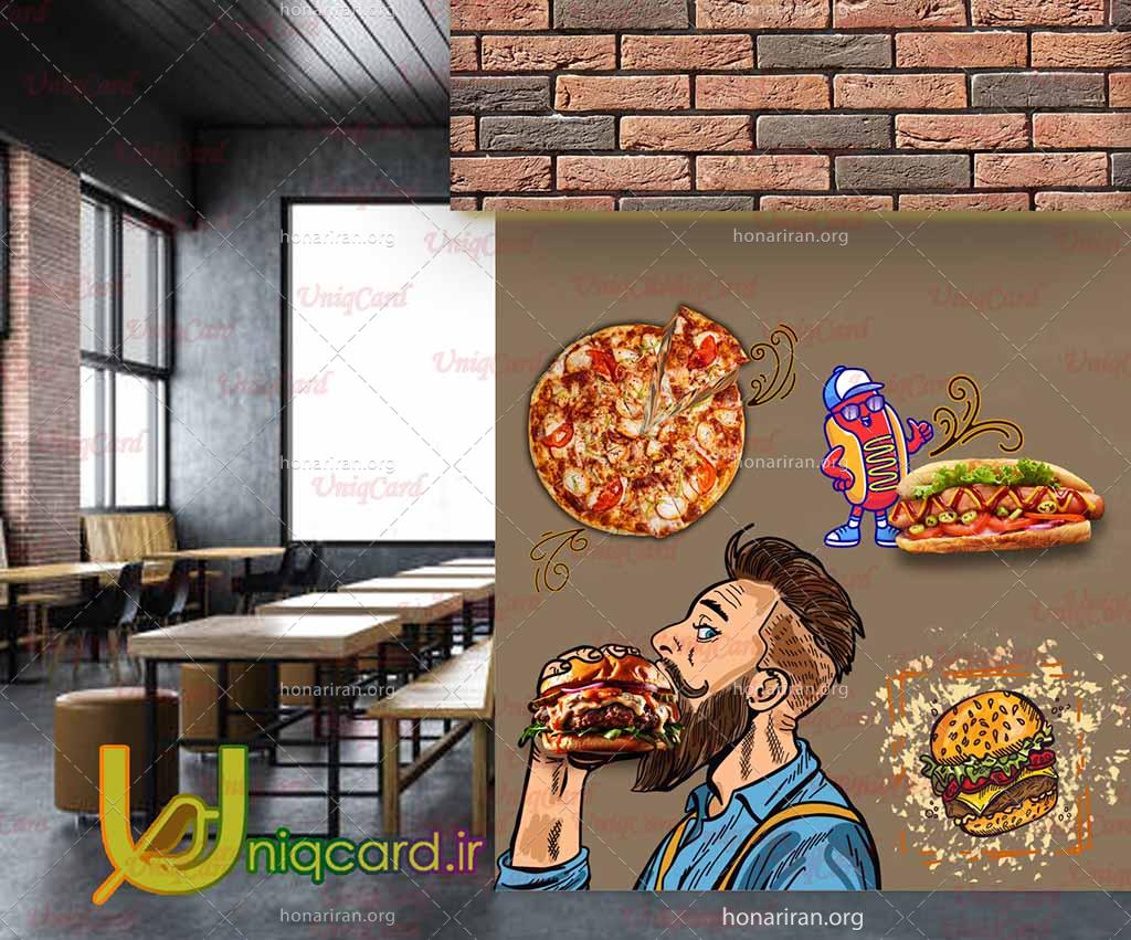 طرح استیکر و برچسب شیشه با طرح مرد درحال خوردن همبرگر و هات داگ و پیتزا