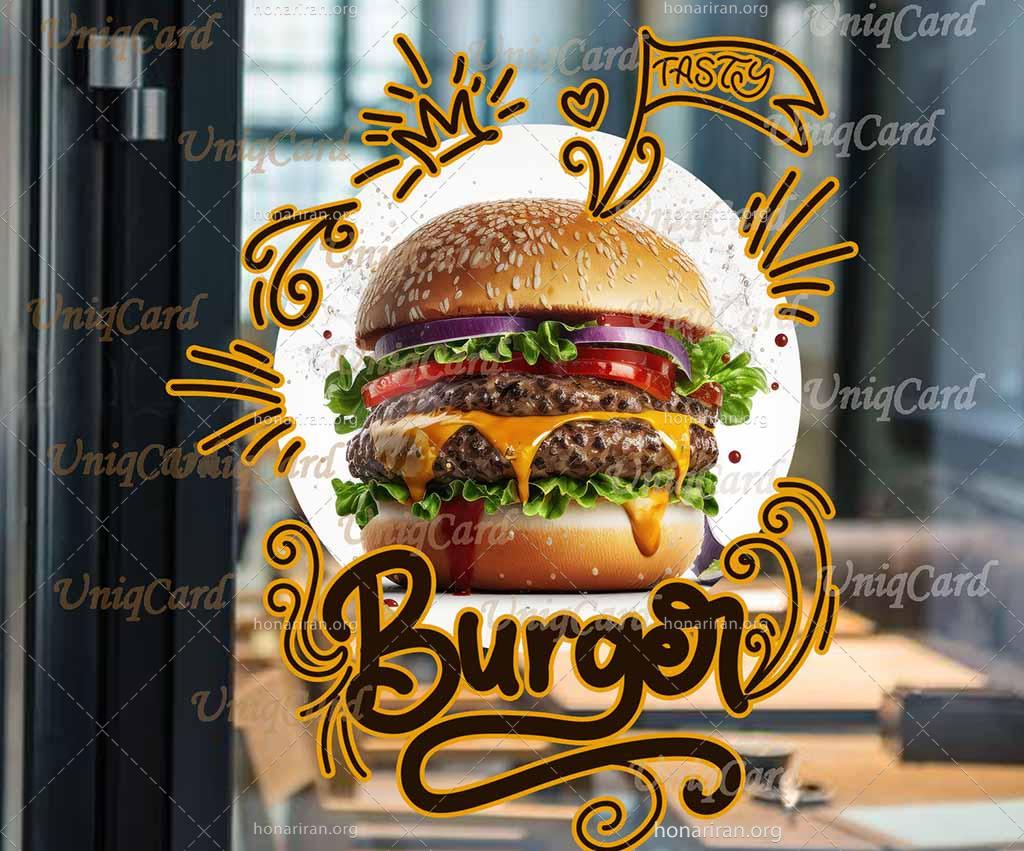 طرح استیکر و برچسب شیشه رستوران و فستفود با طرح همبرگر سفید بزرگ