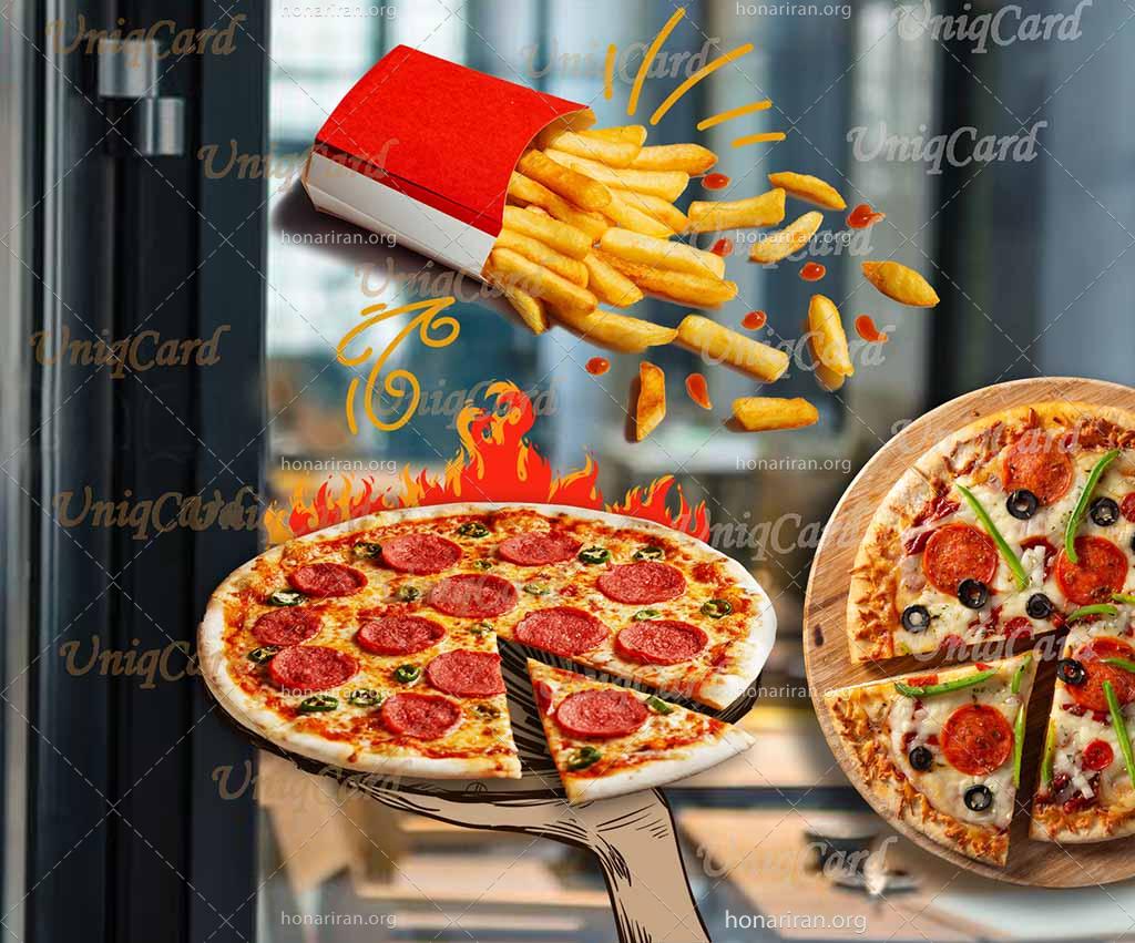 طرح استیکر و برچسب شیشه رستوران و فستفود با طرح پیتزا تنوری و سیب زمینی سرخ شده