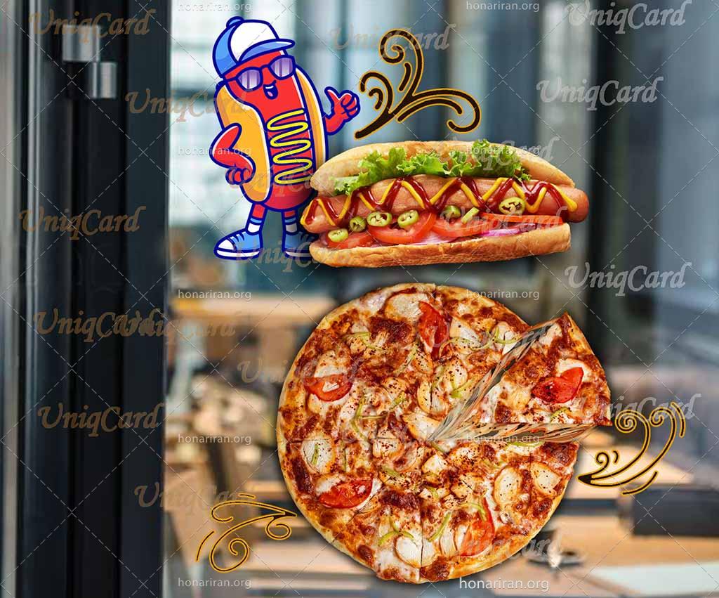 طرح استیکر و برچسب شیشه رستوران و فستفود با طرح پیتزا و هات داگ