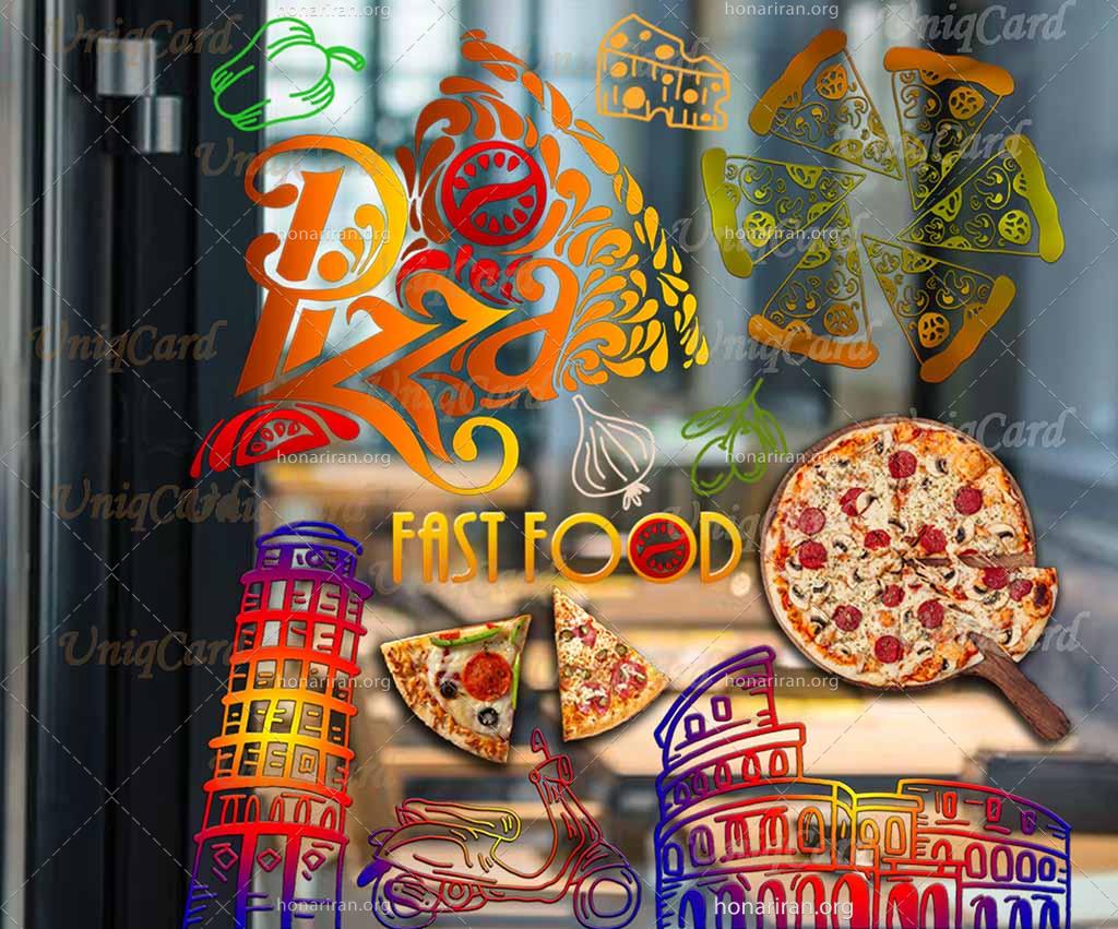 طرح لایه باز PSD سه بعدی استیکر و برچسب دیوار و شیشه فستفود و رستوران با طرح پیتزا و ایتالیا