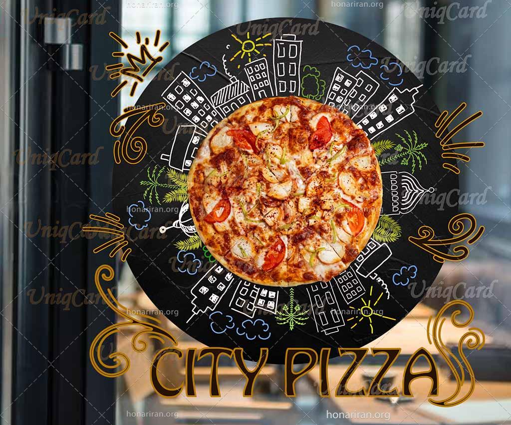 طرح لایه باز PSD سه بعدی استیکر و برچسب دیوار و شیشه فستفود و رستوران با طرح پیتزا و شهر
