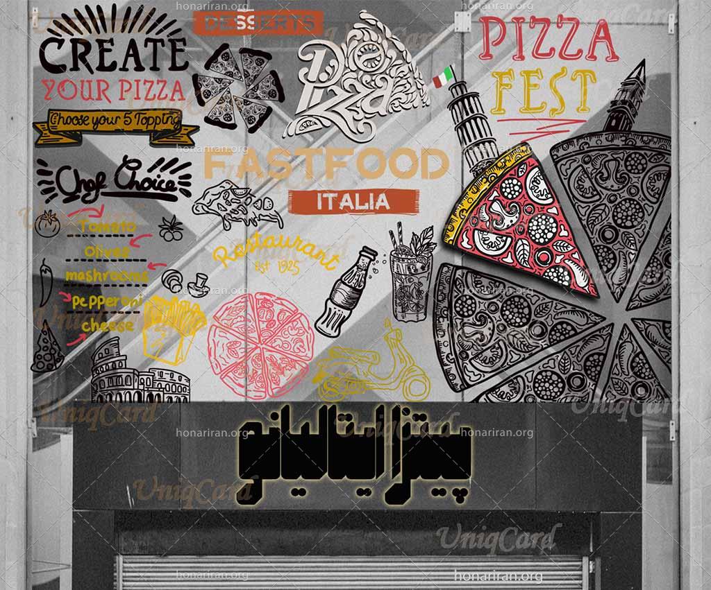 طرح لایه باز PSD سه بعدی استیکر و برچسب دیوار و شیشه فستفود و رستوران با طرح پیتزا و ایتالیا 2
