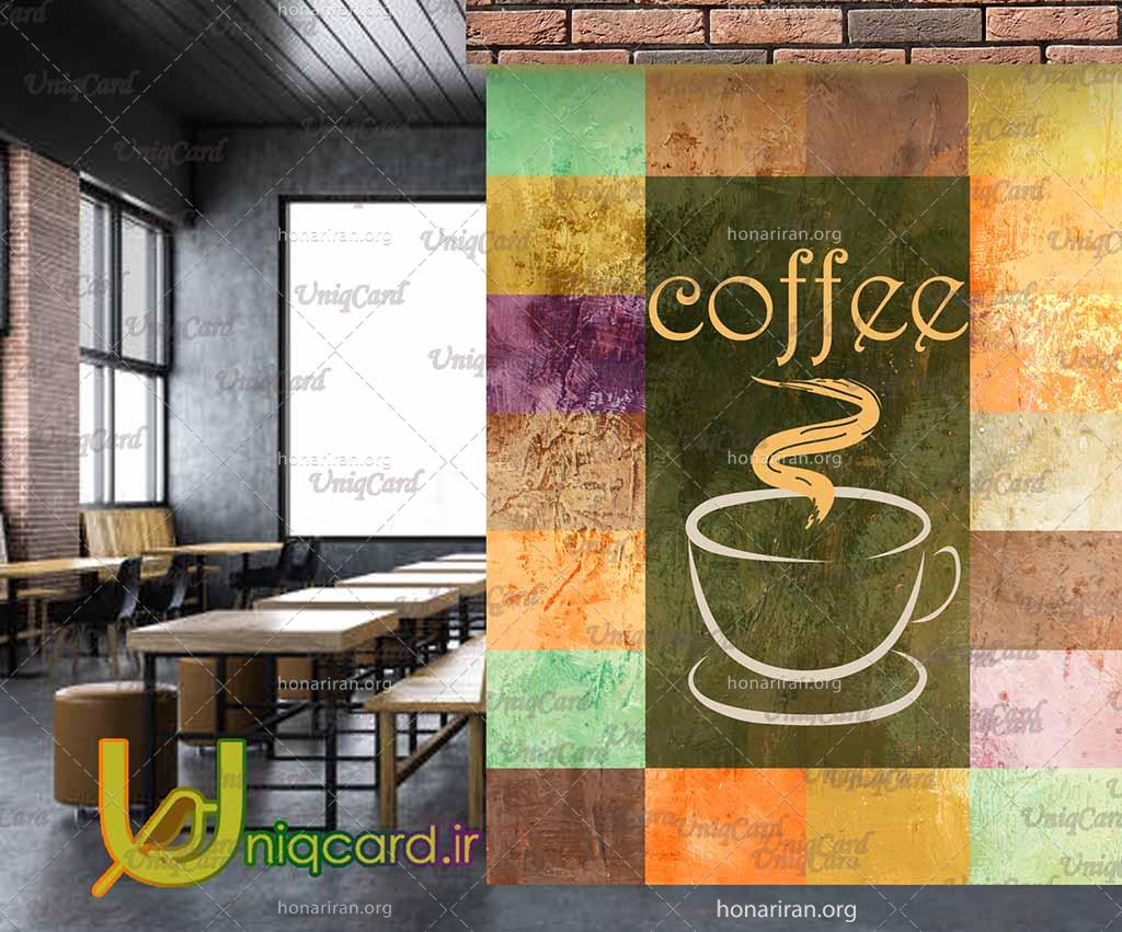 طرح استیکر و برچسب شیشه کافی شاپ با طرح فنجون قهوه و coffee روی دیوار رنگی