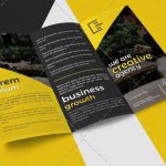 دانلود لایه باز بروشور سه لت کاتالوگ معرفی خدمات شرکت تجاری بازرگانی و ساختمانی به رنگ زرد psd