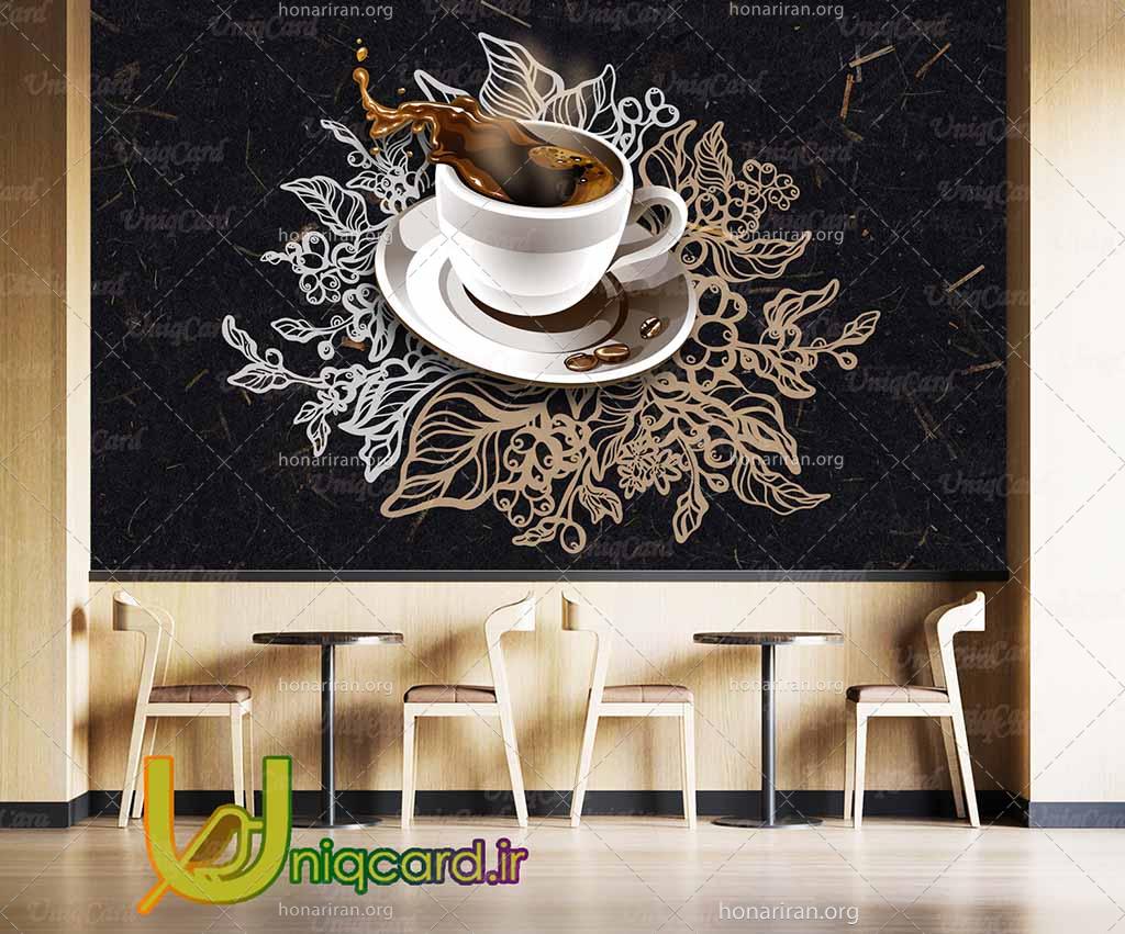 کاغذ دیواری سه بعدی جدید کافه با طرح فنجون قهوه روی دیوار مشکی با نقاشی قهوه
