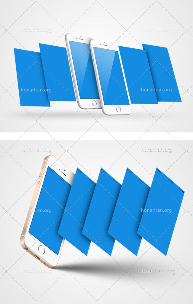 موکاپ معرفی اپلیکیشن موبایل روی گوشی همراه بصورت چند صفحه ای و سه بعدی بسیار زیبا و کاربردی psd