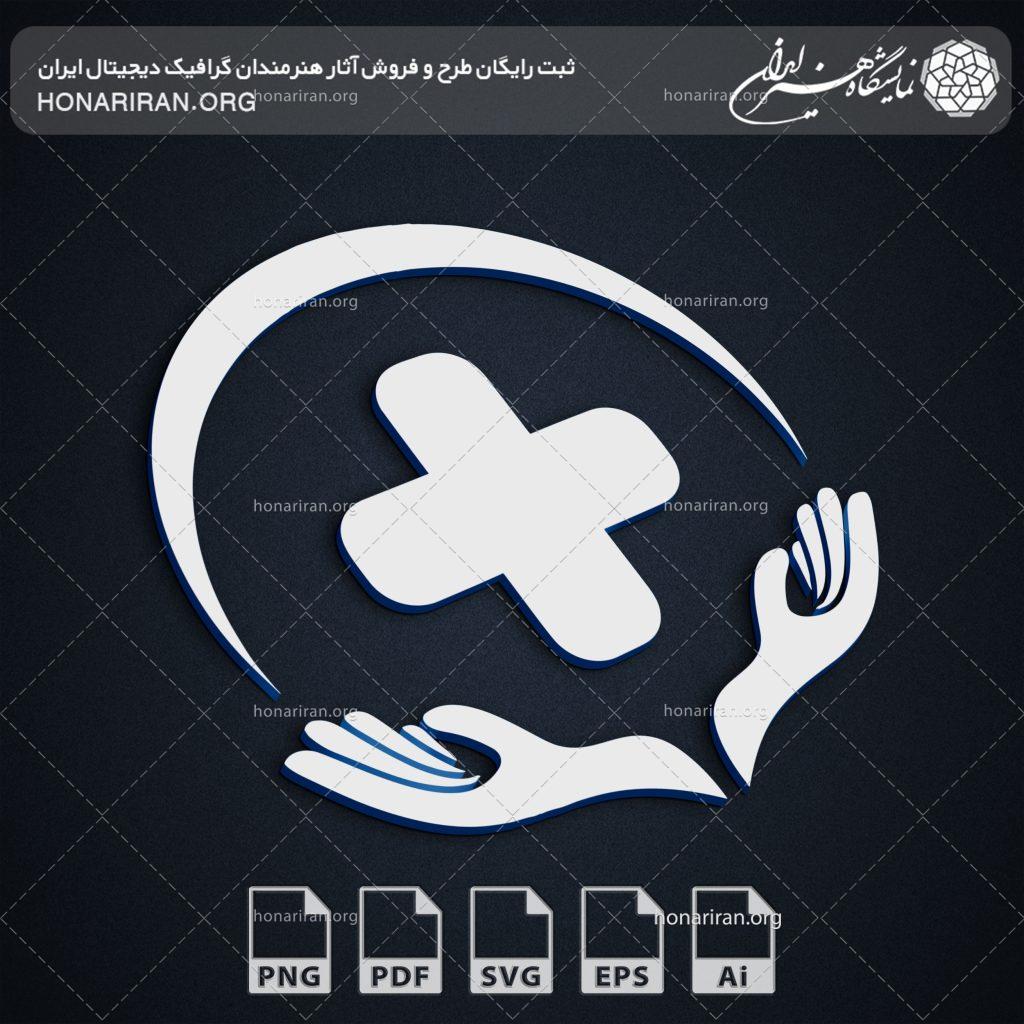 آرم و لوگو به شکل دو دست و یک کمان حلالی شکل با علامت جمع