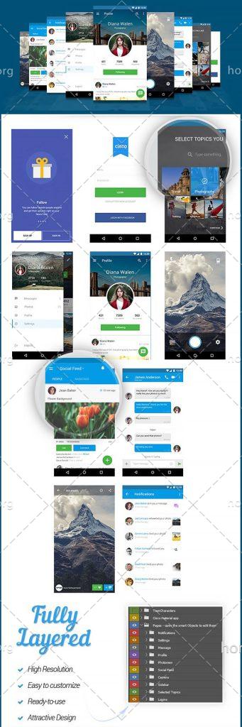 طرح آماده اپلیکیشن شبکه اجتماعی فوق العاده زیبا / اینترفیس UX و UI موبایل اندورید و ios با صفحات کاربردی و متنوع psd