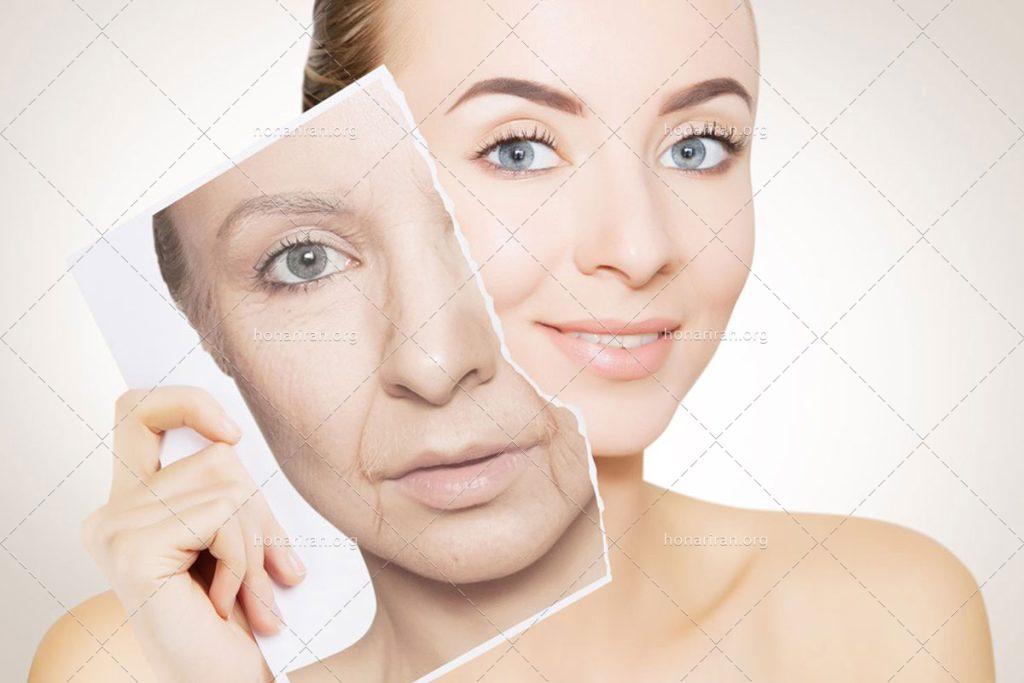 عکس با کیفیت برداشتن تصویر چهره پیرزن از روی چهره زن زیبا