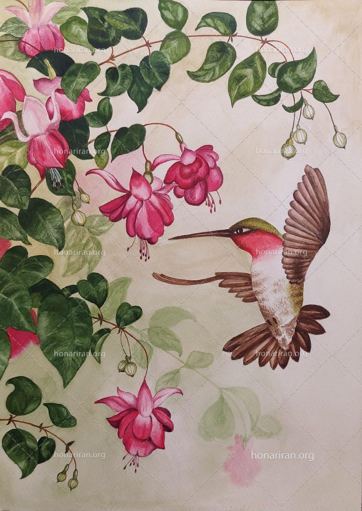 تابلو نقاشی آبرنگ پرنده و گل