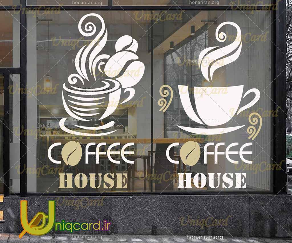 طرح لایه باز استیکر و برچسب کافه با طرح فنجون قهوه داغ و کافی هاوس