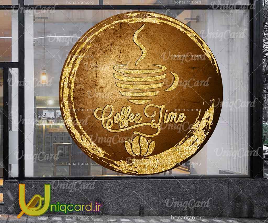 طرح لایه باز PSD برچسب و استیکر کافی شاپ با طرح coffee time طلایی رنگ