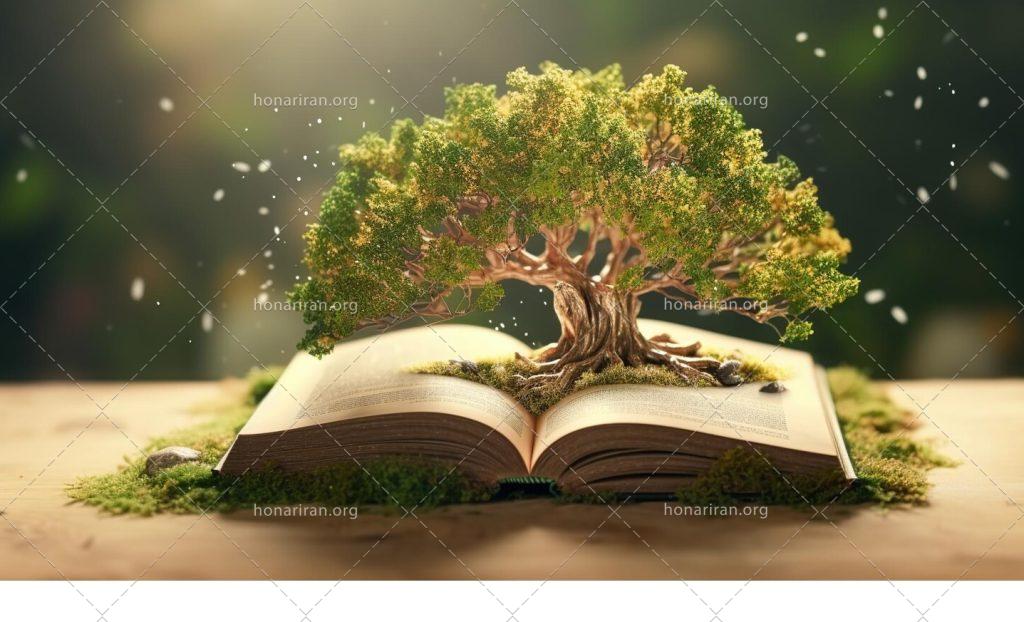 یک کتاب باز با درختی که از آن رشد می کند بصورت لایه باز PSD