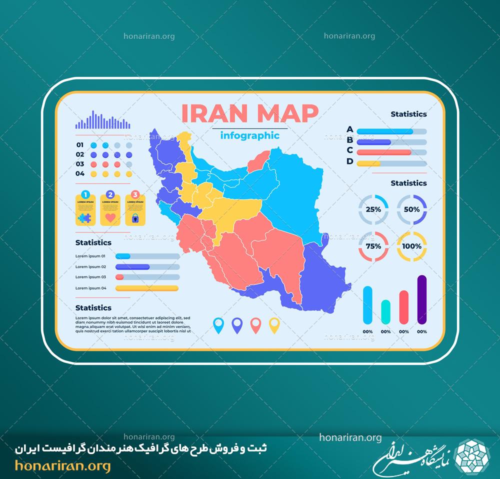وکتور و فایل لایه باز اینفوگرافیک نقشه ایران با ایکون های گرافیکی