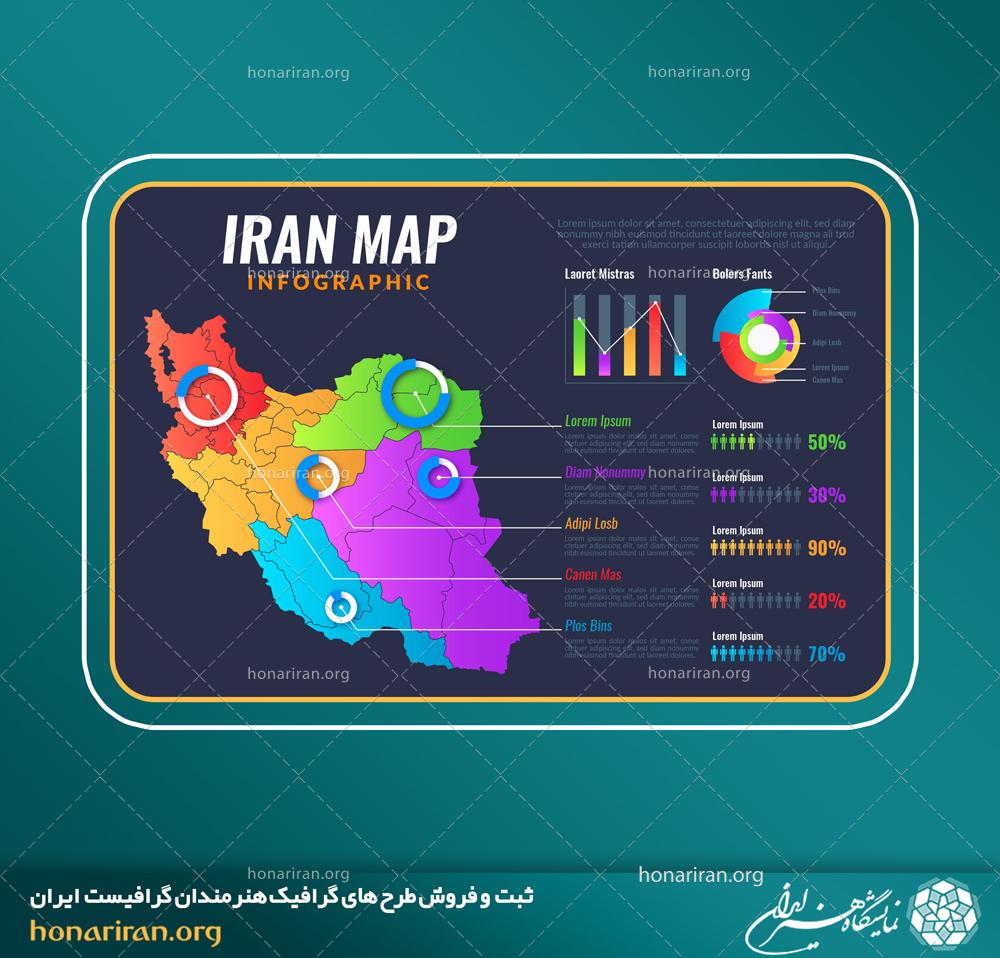 وکتور و فایل لایه باز اینفوگرافیک نقشه ایران با شرح توضیحات