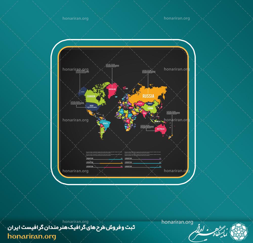 وکتور و فایل لایه باز اینفوگرافیک از نقشه جهان با پس زمینه مشکی
