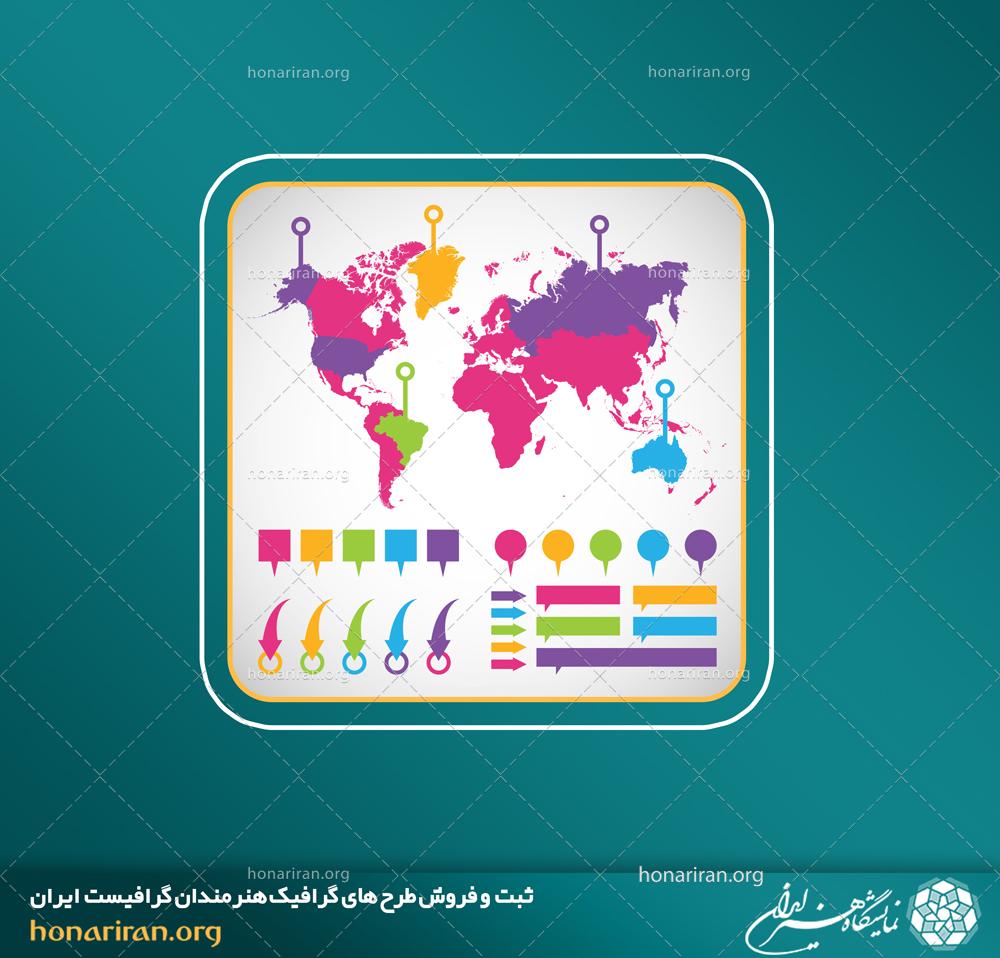 وکتور و فایل لایه باز اینفوگرافیک رنگارنگی از نقشه جهان
