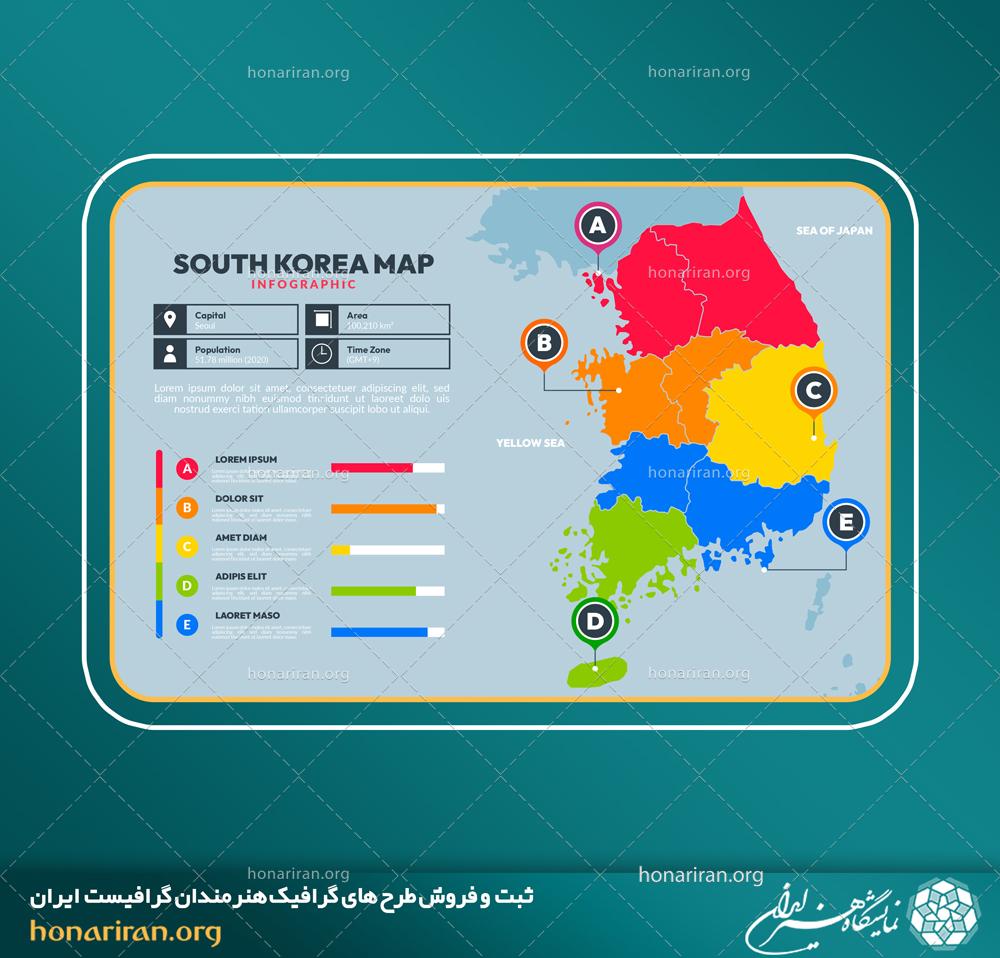 وکتور و فایل لایه باز اینفوگرافیک نقشه کره جنوبی