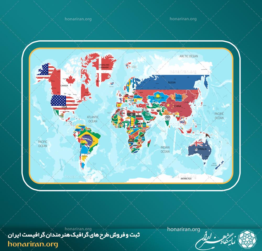 وکتور و فایل لایه باز  معرفی نقشه جهان با تصاویر پرچم هر کشور