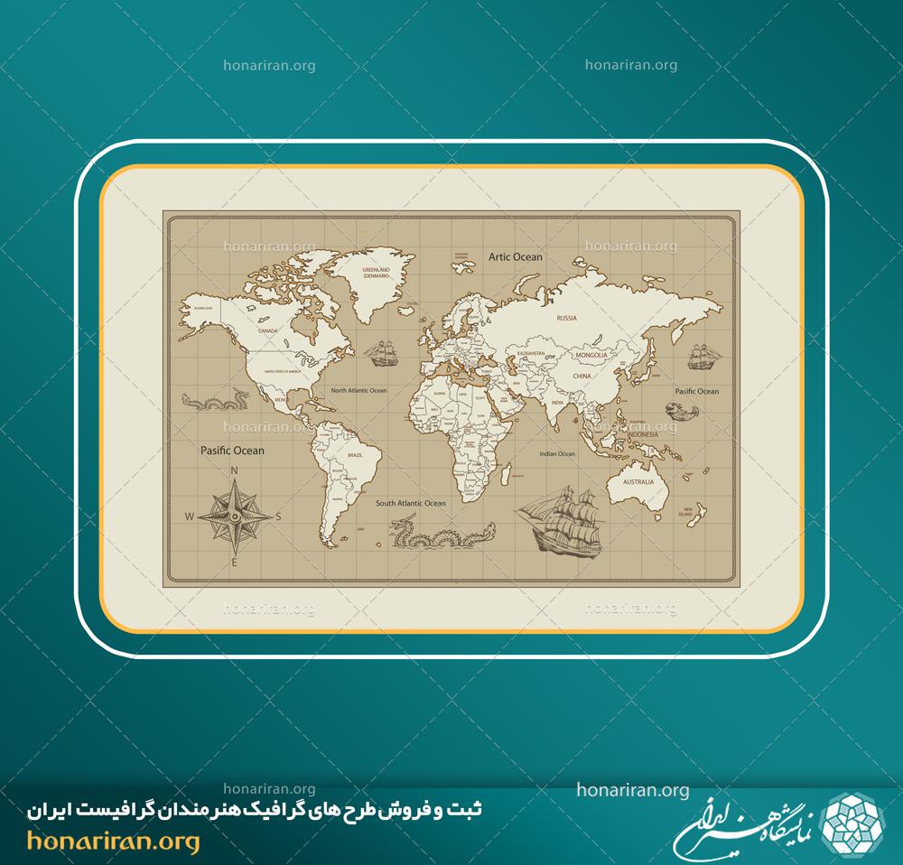 وکتور و فایل لایه باز از نقشه جهان با طرح نقشه های گنج با علامت شمال