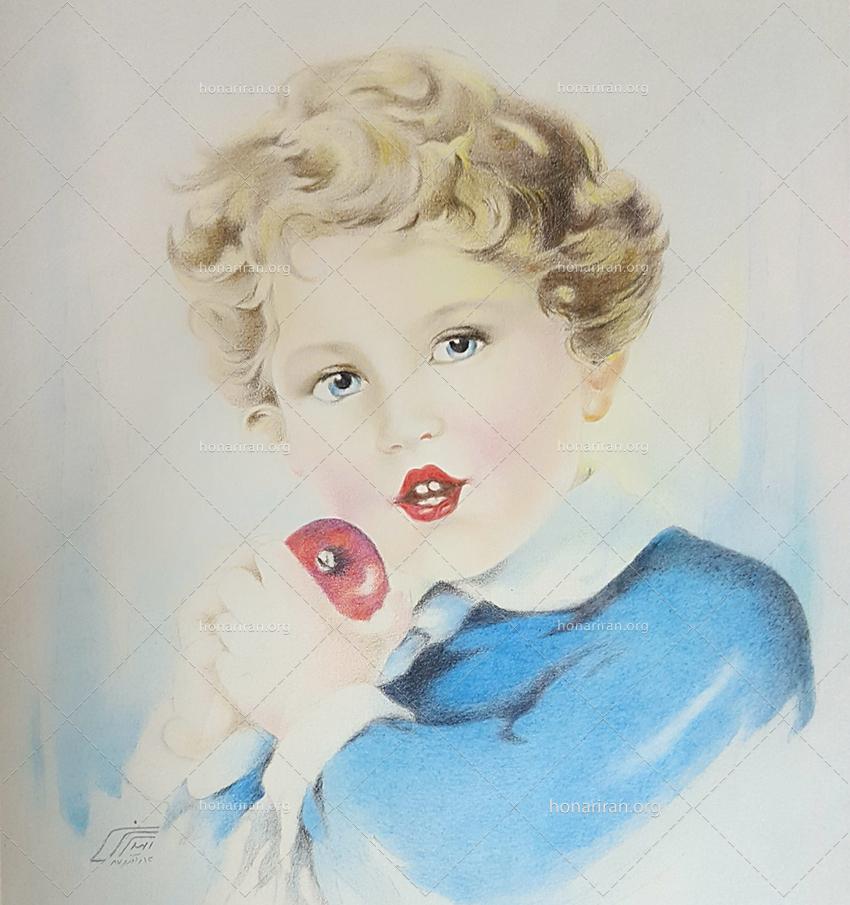 تابلو مداد رنگی کودک و سیب سرخ