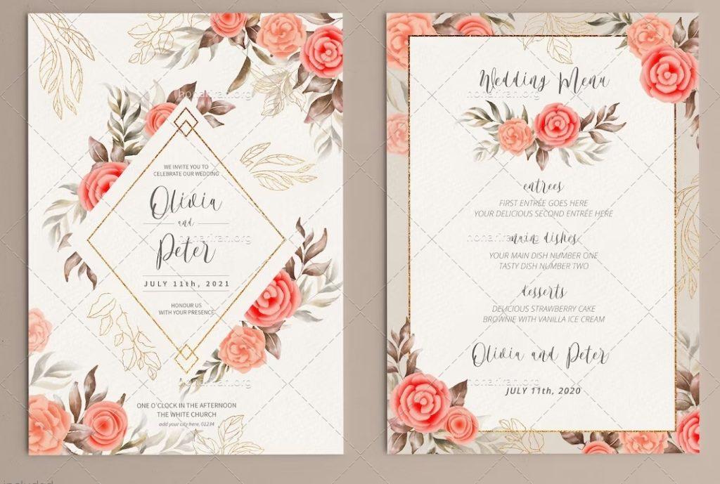 لایه باز قالب کارت دعوت عروسی گلدار بسیار زیبا و شیک PSD