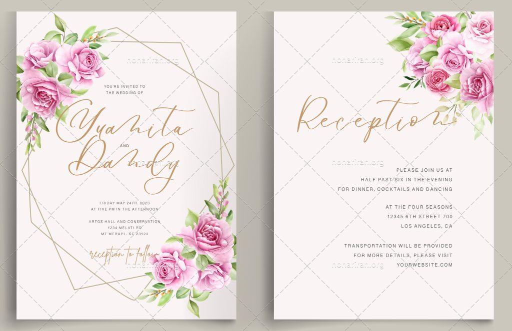 لایه باز وکتور قالب کارت دعوت عروسی گلدار بسیار زیبا با رزهای آبرنگی با ست رنگ صورتی و سبز EPS