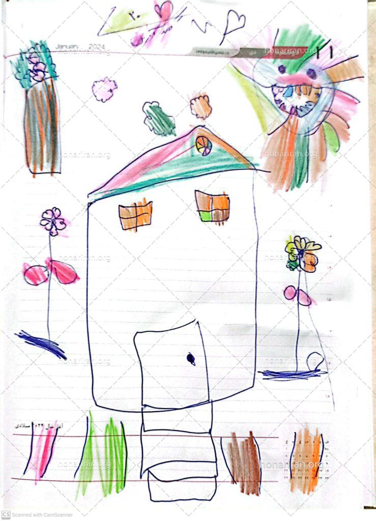 نقاشی کودکانه خورشید و خونه