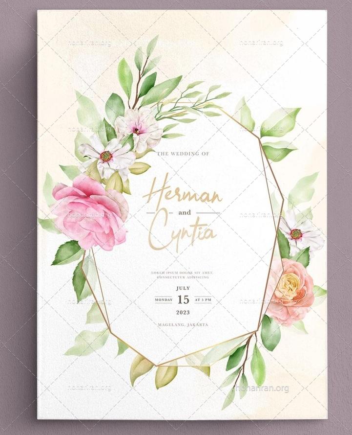 لایه باز وکتور قالب کارت دعوت عروسی با گل و برگ آبرنگی بهاری بسیار زیبا EPS