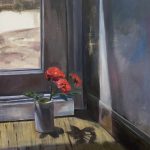 نقاشی رنگ روغن گلدان گل سرخ پشت پنجره