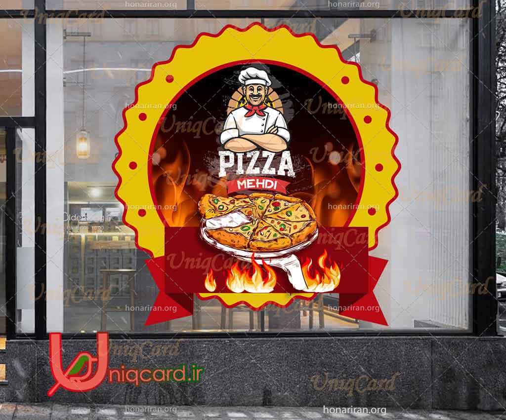 استیکر و برچسب شیشه رستوران و فست فود با طرح سرآشپز و پیتزا